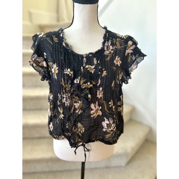 Free People Black & Tan Block Print Floral Short Sleeve Blouse - Picture 2 of 8